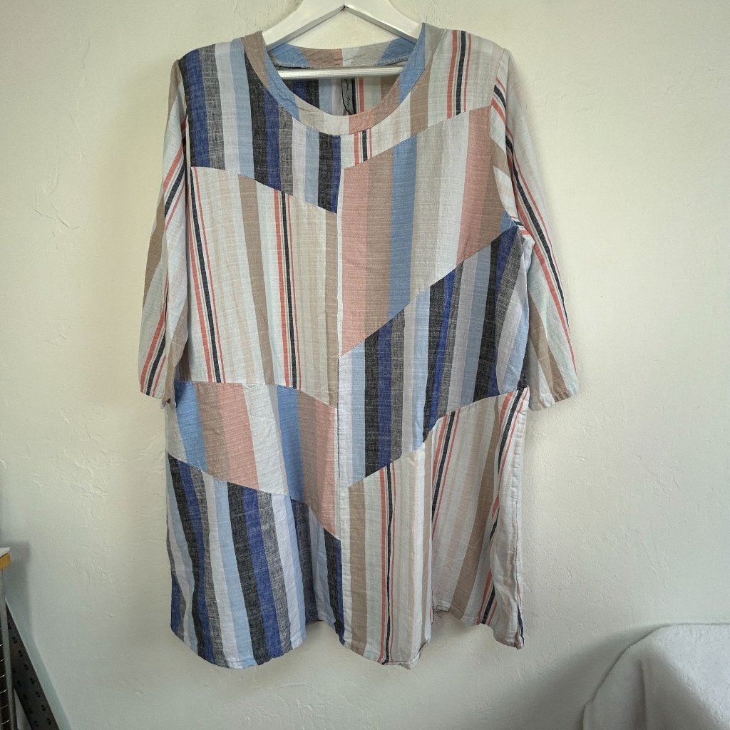 Cynthia Ashby Womens Oversized Striped Tunic Top Large Linen Blend Multicolor